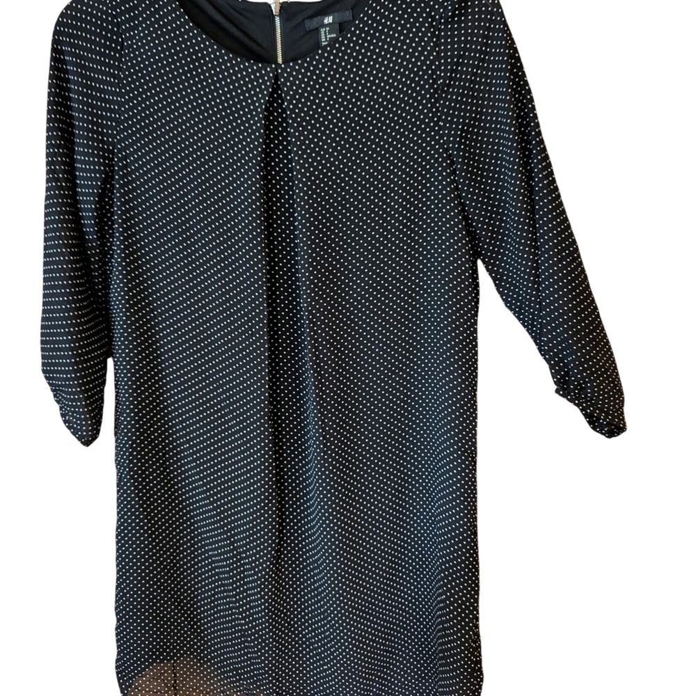 HM Black White Polka Dot‎ Shift Dress 3/4 Sleeve Size 4 Back Zip Career Casual